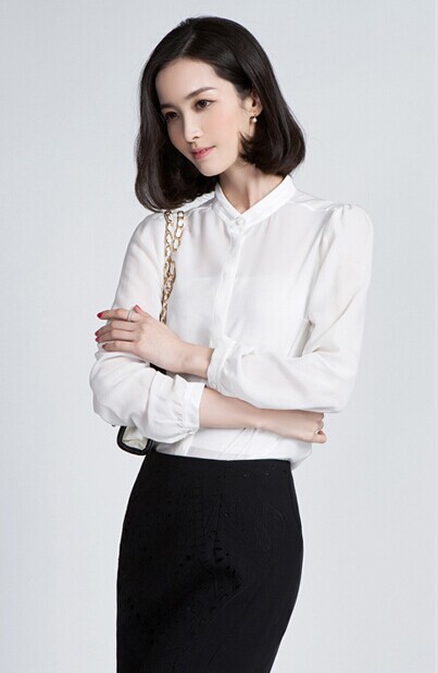女士白色長袖雪紡襯衫